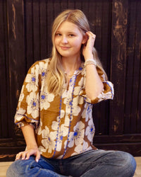 Plus Floral 3/4 Sleeve Blouse - Taupe