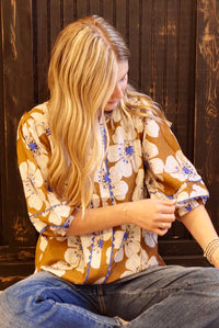 Plus Floral 3/4 Sleeve Blouse - Taupe