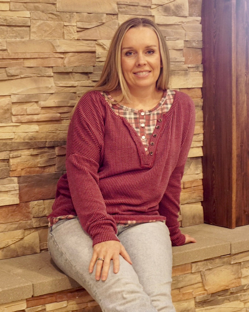 Plus Rib Top w/ Plaid Trim - Burgundy