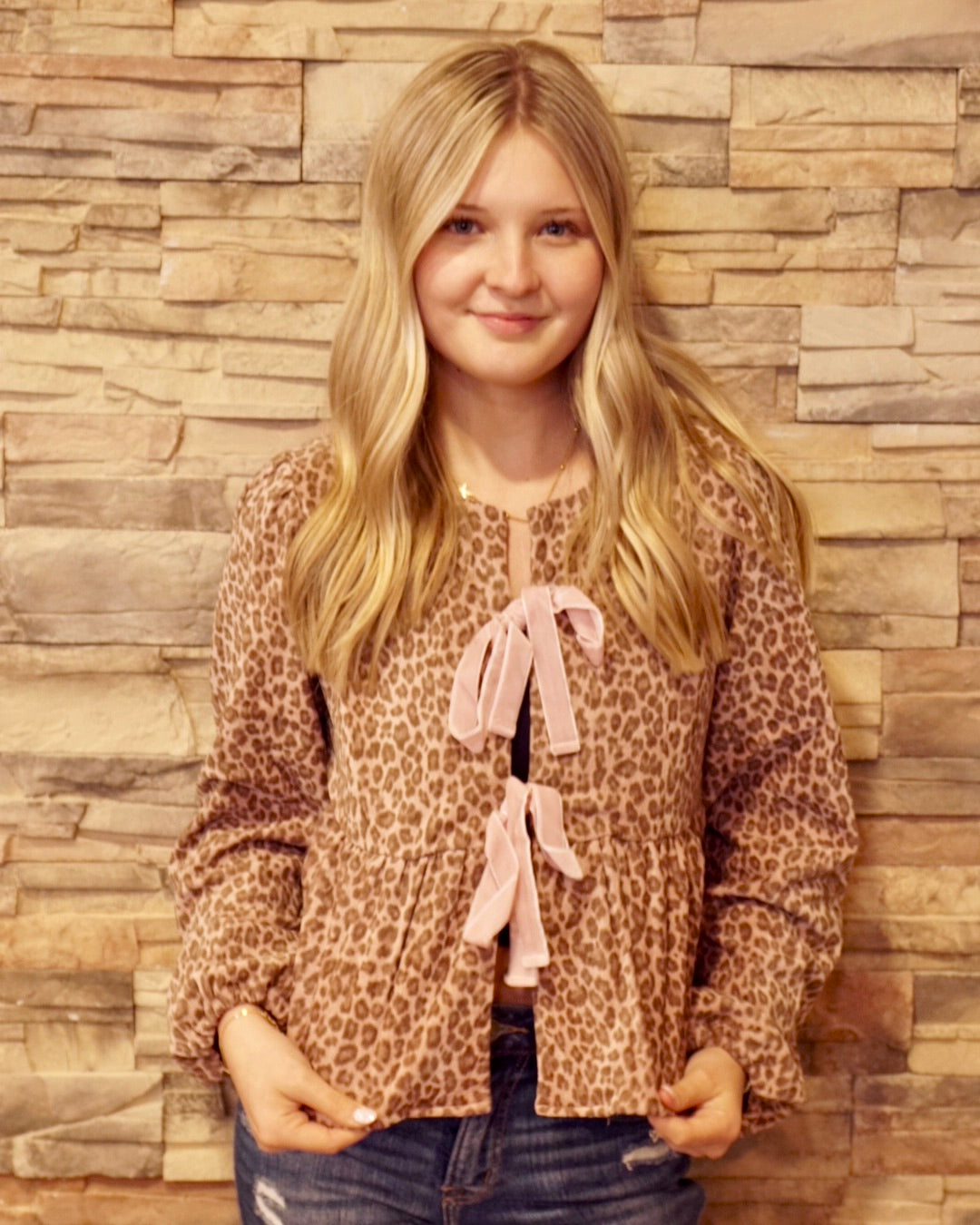 Leopard Front Tie Blouse - Mauve
