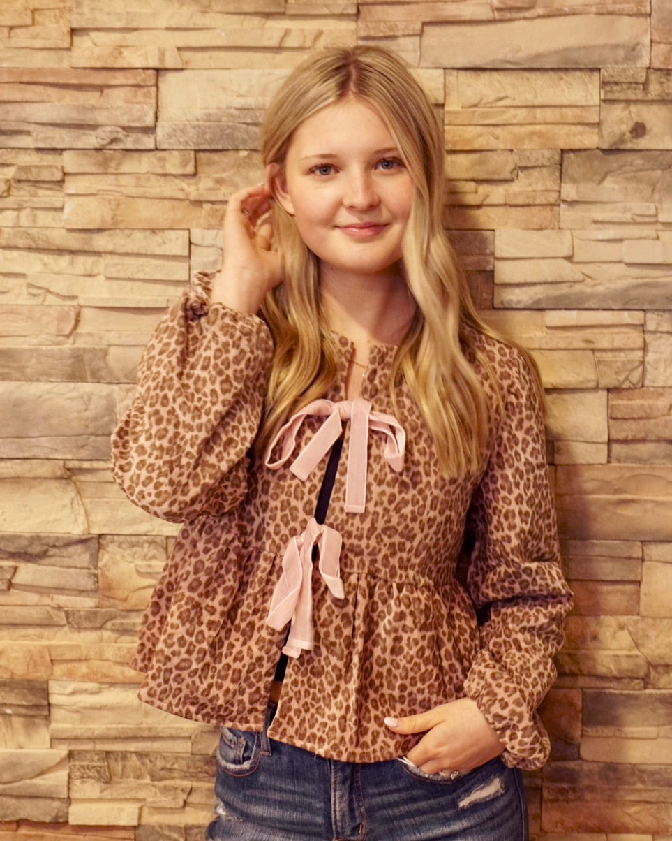 Leopard Front Tie Blouse - Mauve