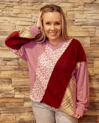 Patchwork V-Neck Long Sleeve - Mauve