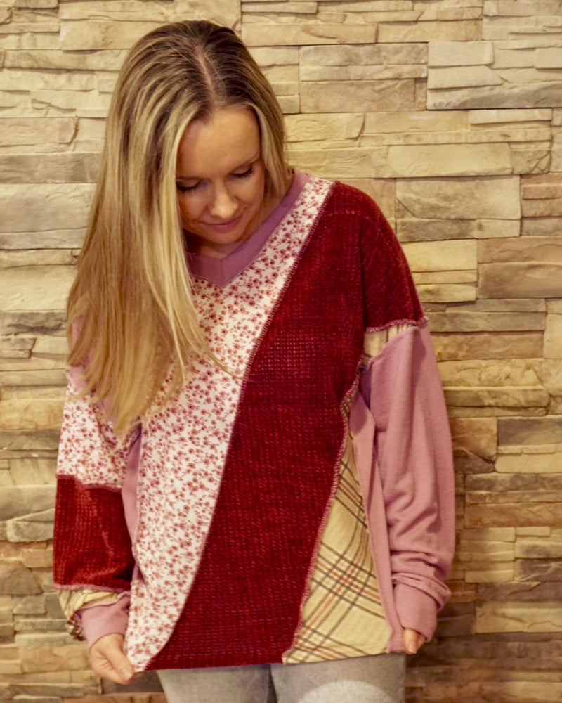 Patchwork V-Neck Long Sleeve - Mauve