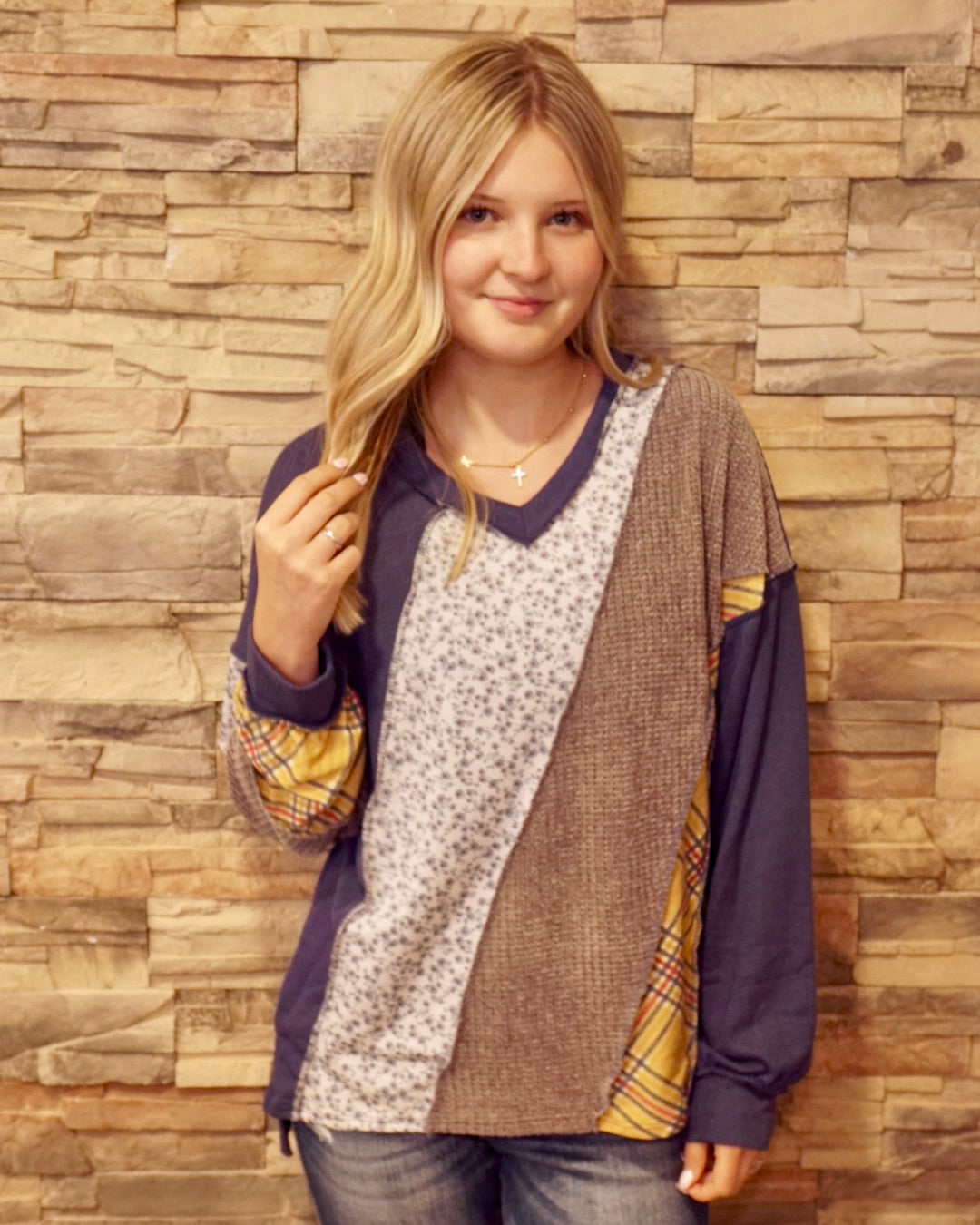 Patchwork V-Neck Long Sleeve - Denim