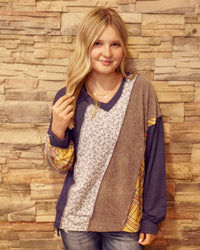 Patchwork V-Neck Long Sleeve - Denim