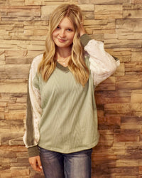 Lace Contrast V-Neck Top - Light Olive