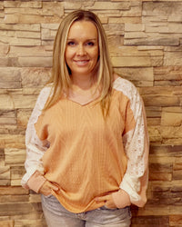 Lace Contrast V-Neck Top - Peach