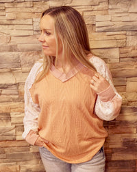 Lace Contrast V-Neck Top - Peach