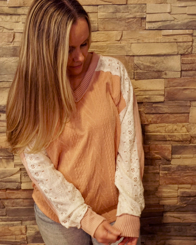 Lace Contrast V-Neck Top - Peach