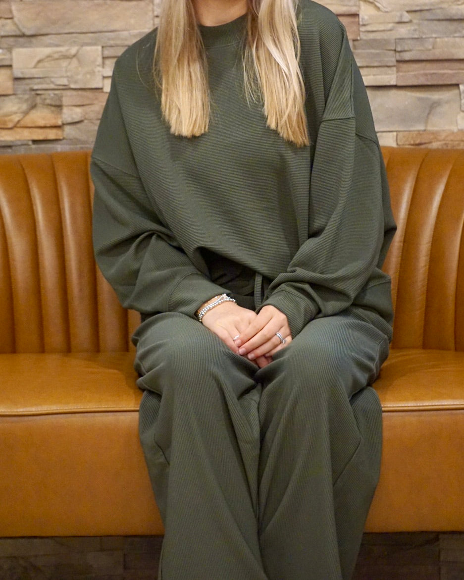 Ribbed Pullover & Pants Set - Dark Olive