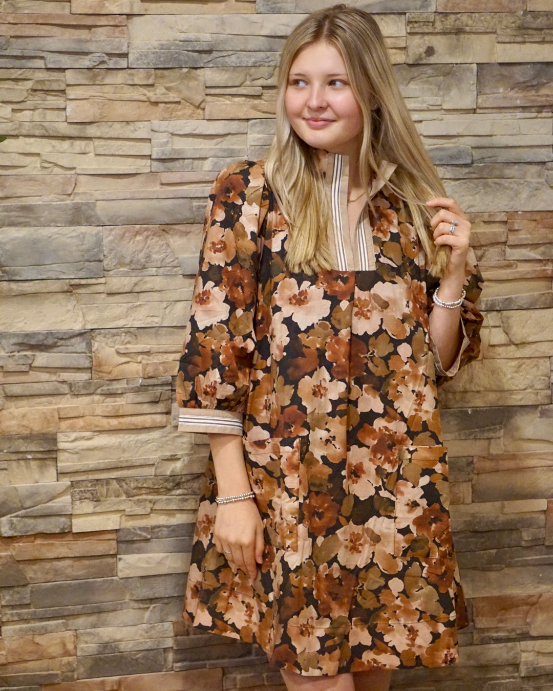 Floral Mini Dress w/ Striped Trim - Brown