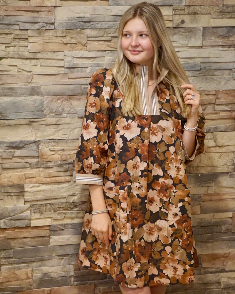 Floral Mini Dress w/ Striped Trim - Brown
