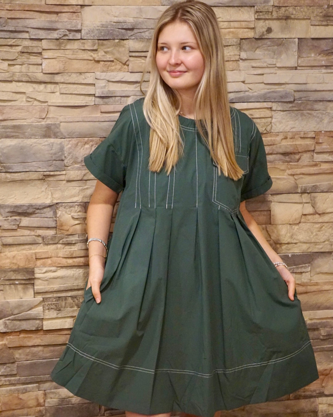 Pleated Mini Dress w/ Pocket - Forest