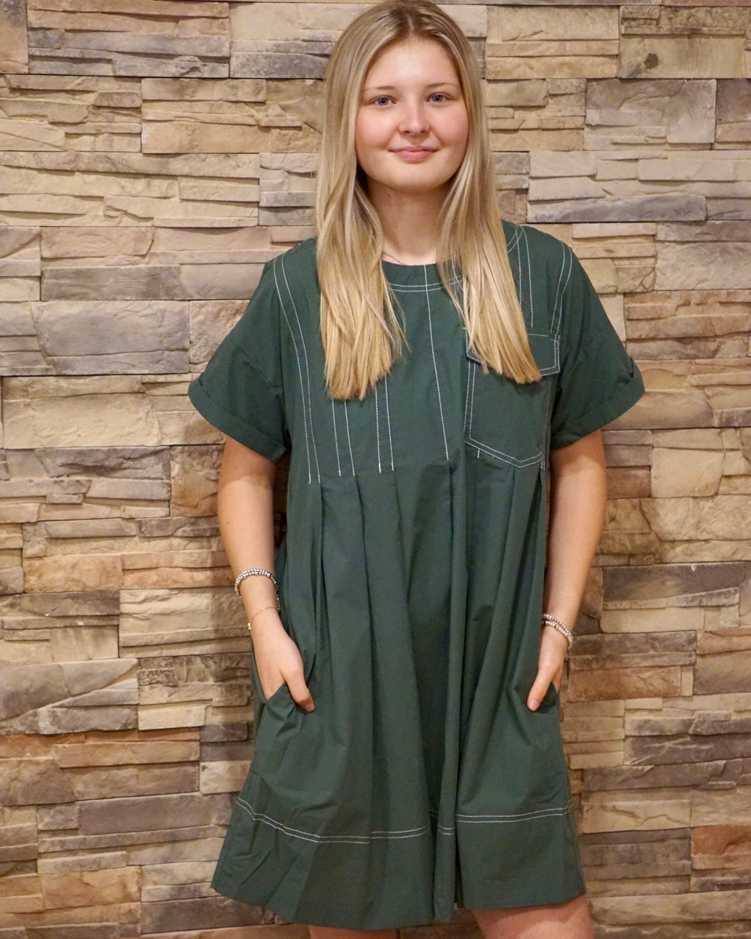 Pleated Mini Dress w/ Pocket - Forest