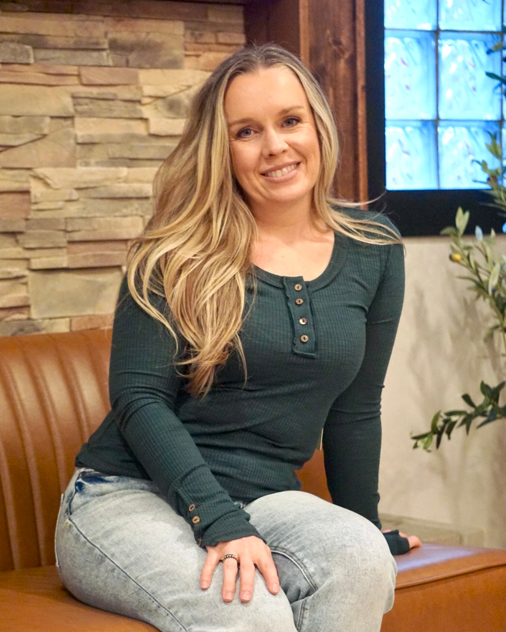 Ribbed Henley Fitted Long Sleeve - Forest