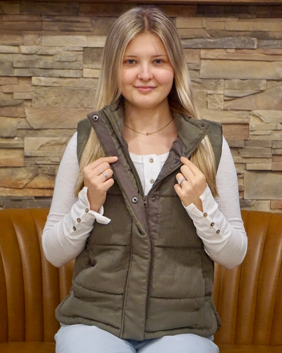 Suede Puffer Vest - Olive