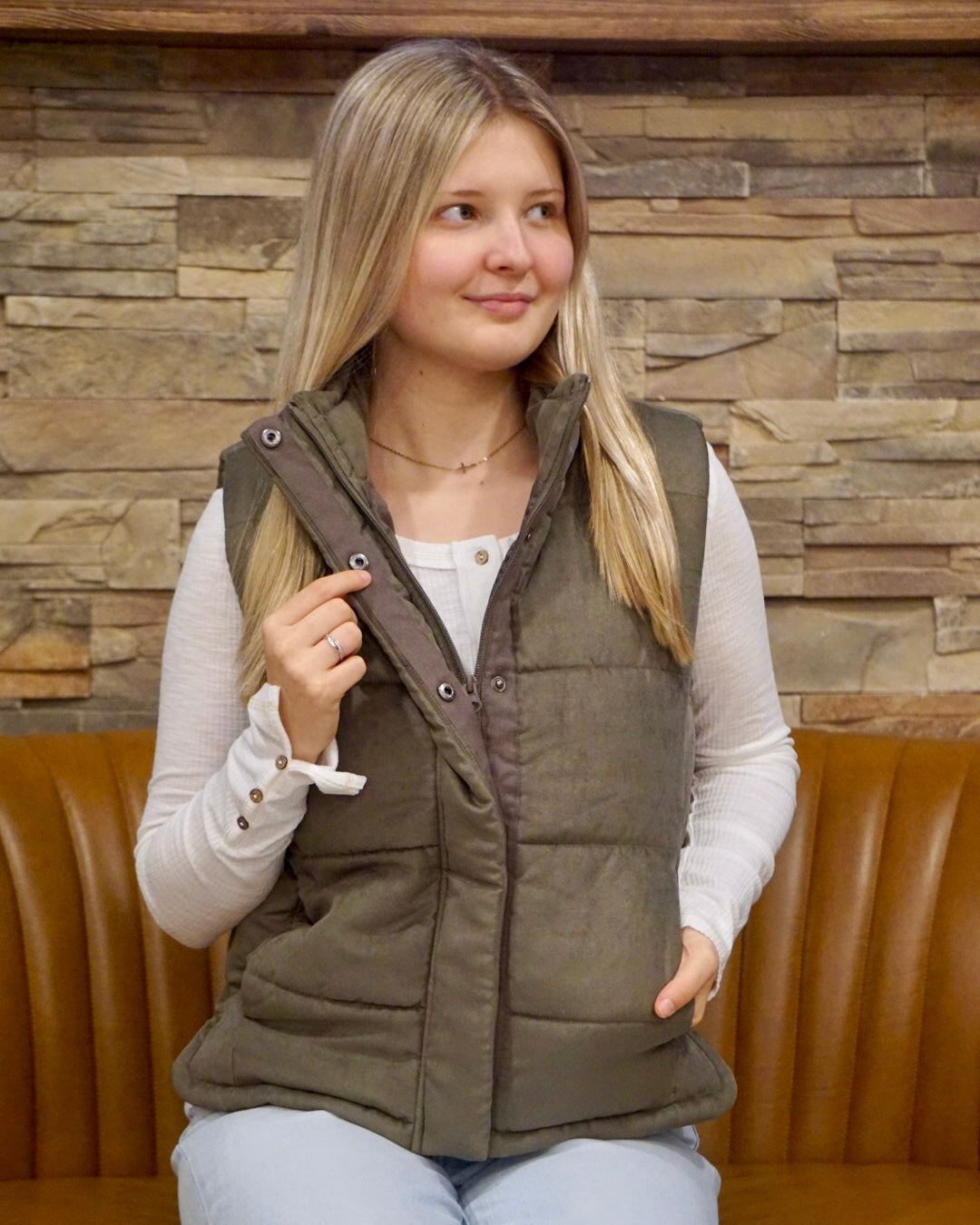 Suede Puffer Vest - Olive