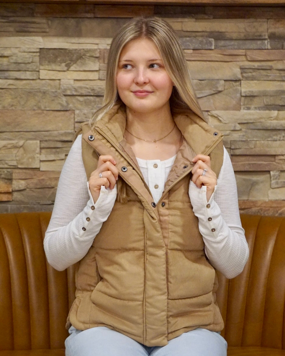 Suede Puffer Vest - Camel