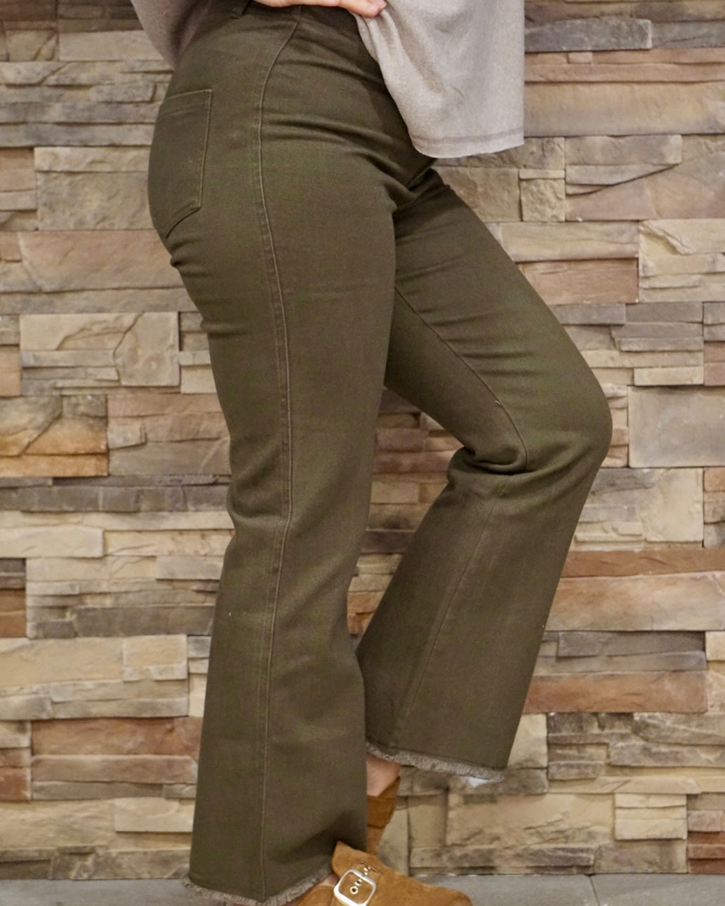 Stretchy High Waisted Flare Pants - Fade Olive
