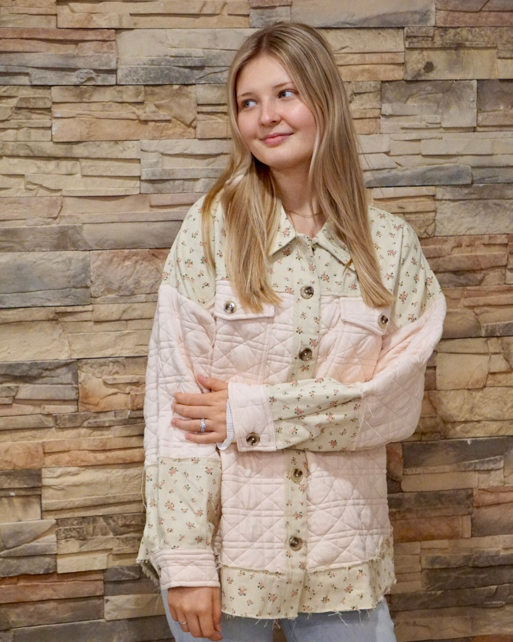 Plus Floral Printed Cotton Jacket - Cream