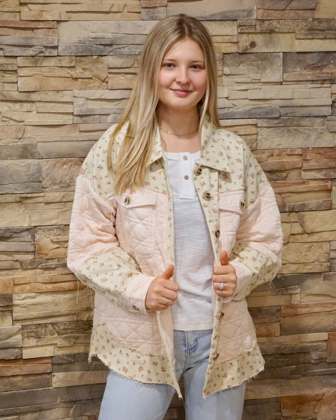 Plus Floral Printed Cotton Jacket - Cream