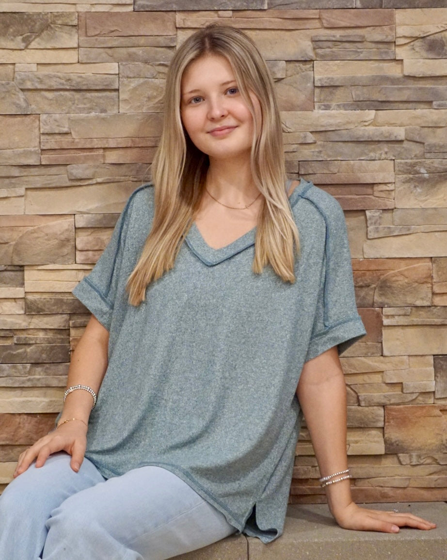 Melange V-Neck Short Sleeve Tee - Ash Jade