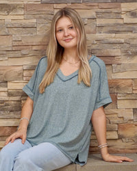 Melange V-Neck Short Sleeve Tee - Ash Jade