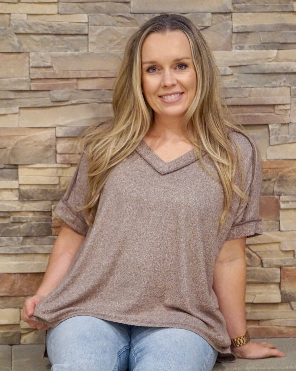 Melange V-Neck Short Sleeve Tee - Brown