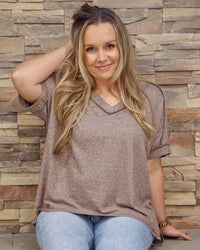 Melange V-Neck Short Sleeve Tee - Brown