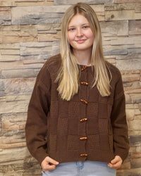Checkered Button Down Cardigan - Brown