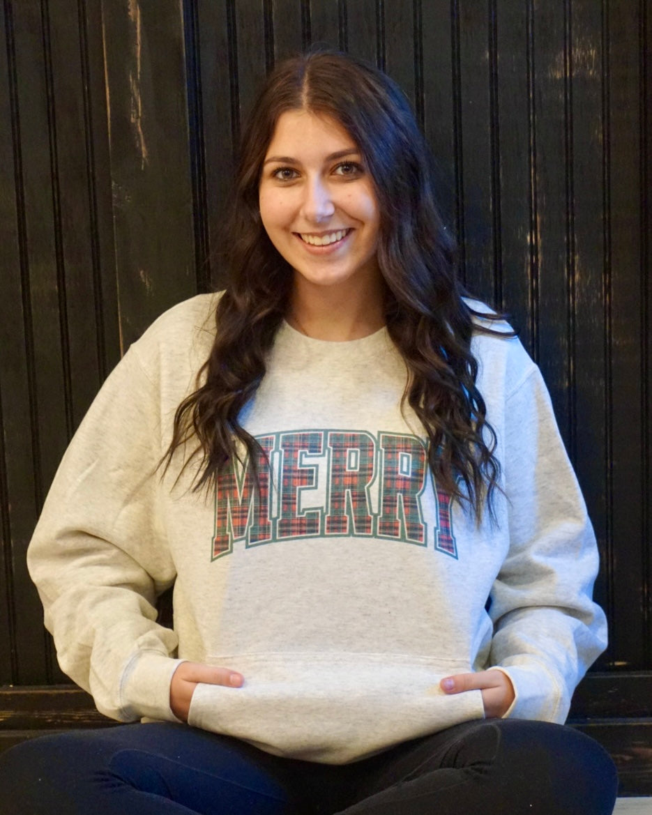 Plaid Merry Crewneck w/Pockets