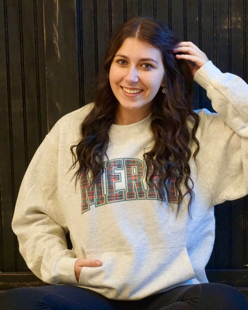 Plaid Merry Crewneck w/Pockets