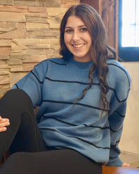 Round Neck Stripe Sweater - Dusty Blue