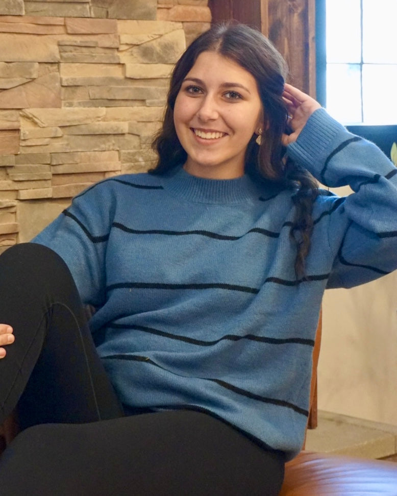 Round Neck Stripe Sweater - Dusty Blue