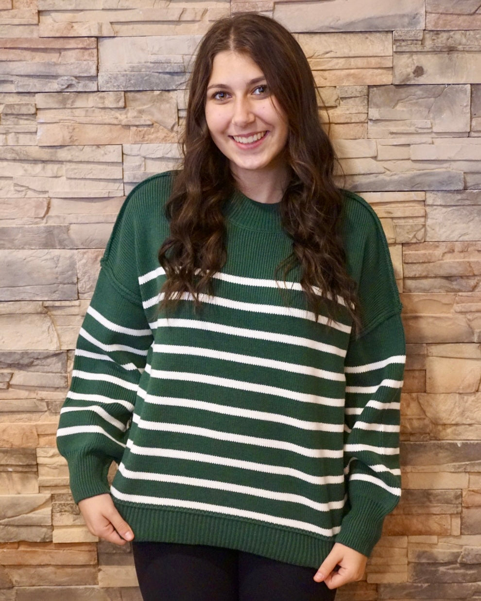 Striped Oversized Sweater - Dark Green