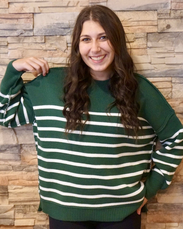 Striped Oversized Sweater - Dark Green