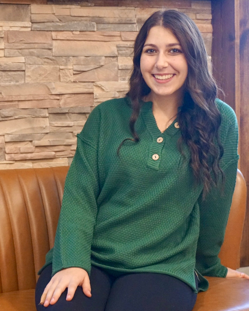 4 Button Henley Sweater - Dark Green