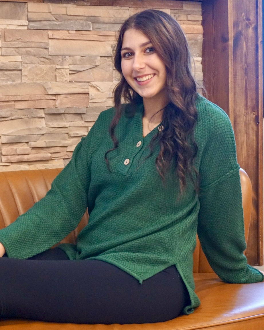 4 Button Henley Sweater - Dark Green