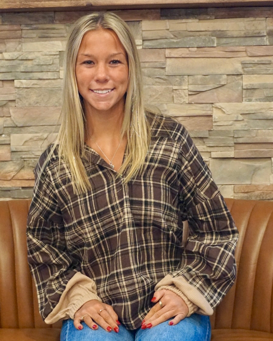 Plaid Long Sleeve Hooded Blouse - Brown