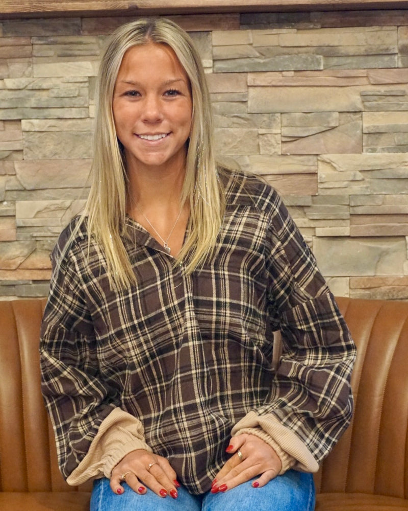 Plaid Long Sleeve Hooded Blouse - Brown