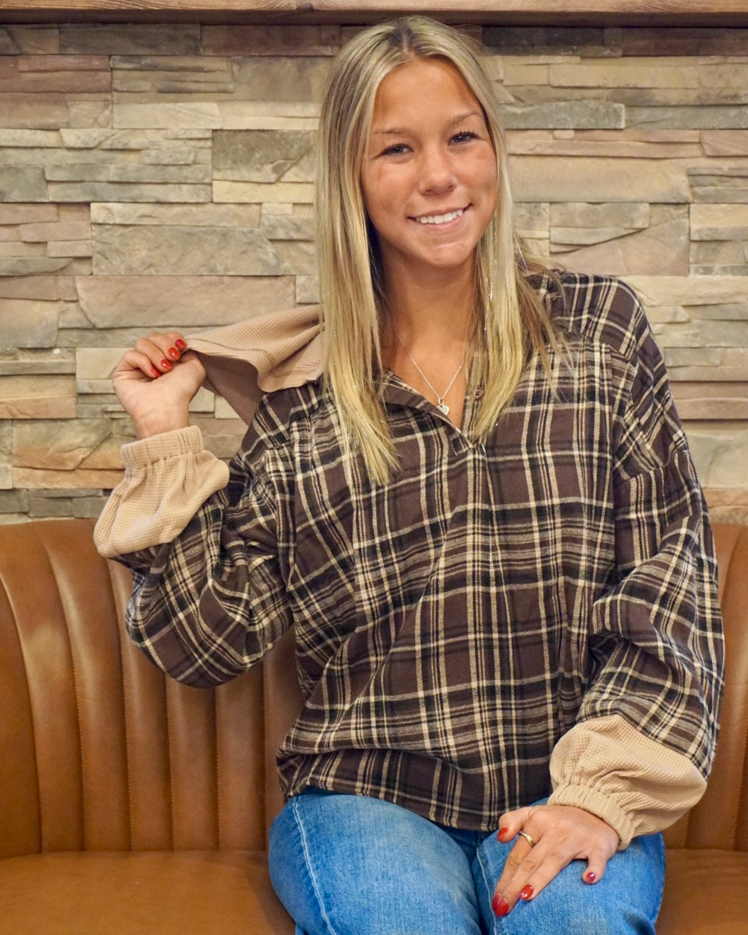 Plaid Long Sleeve Hooded Blouse - Brown