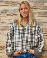 Plaid Long Sleeve Hooded Blouse - Gray