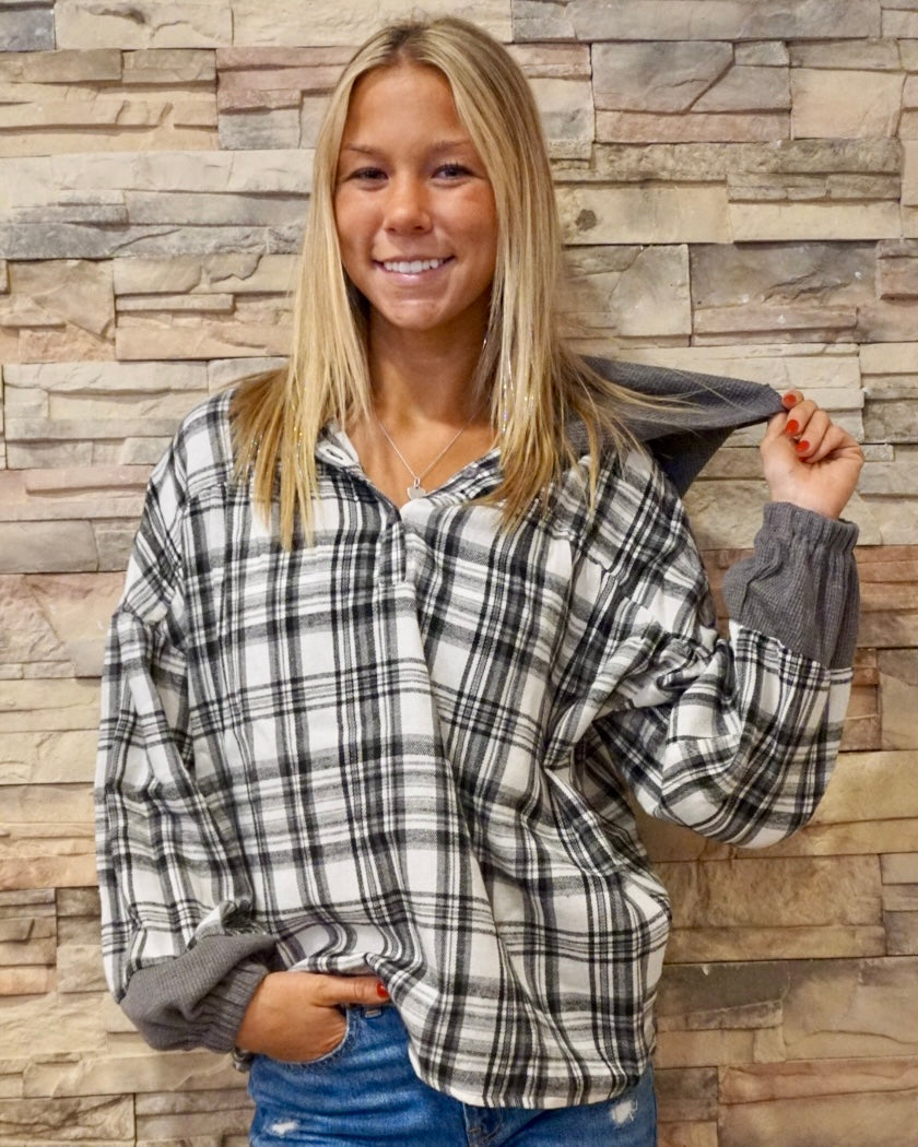Plaid Long Sleeve Hooded Blouse - Gray
