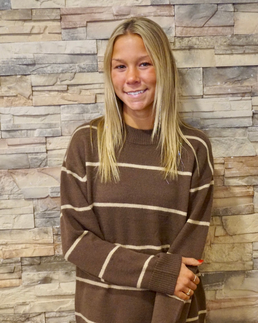 Round Neck Stripe Sweater - Brown
