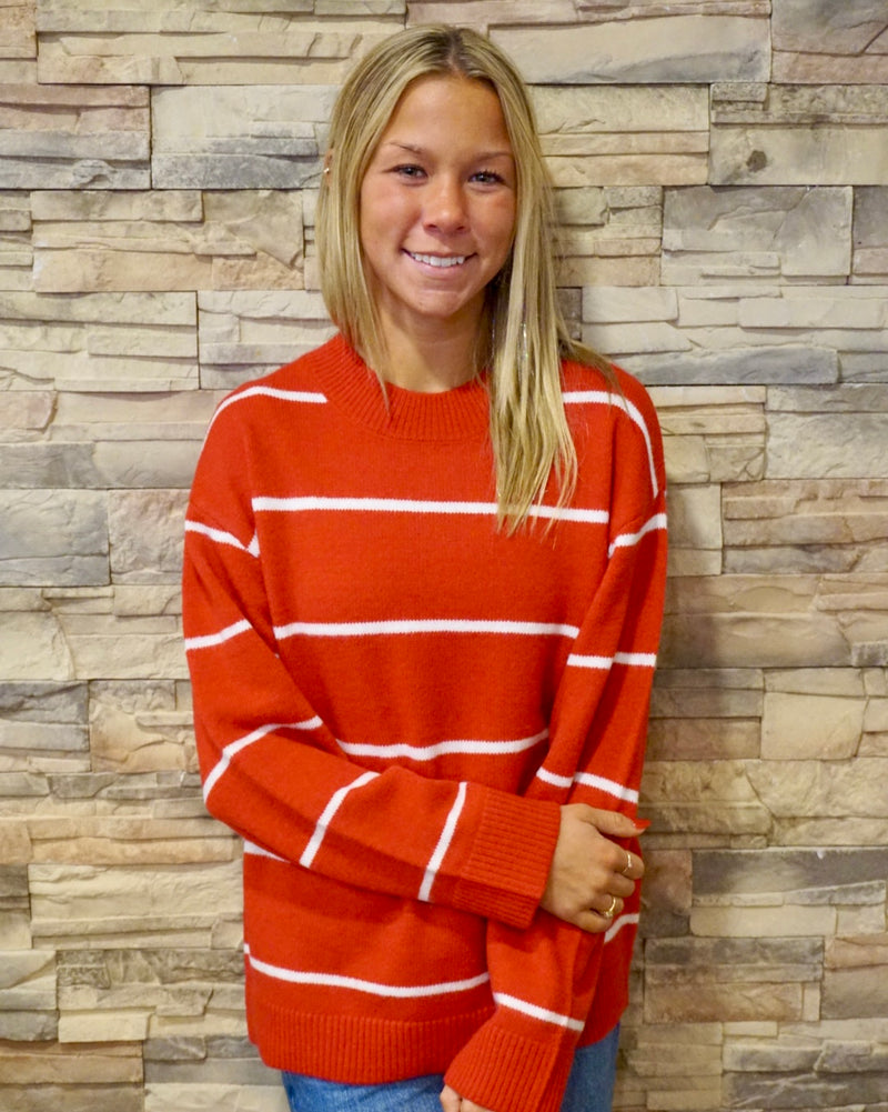Round Neck Stripe Sweater - Ruby