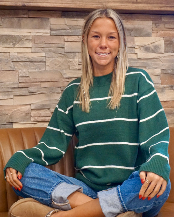 Round Neck Stripe Sweater - Dark Green