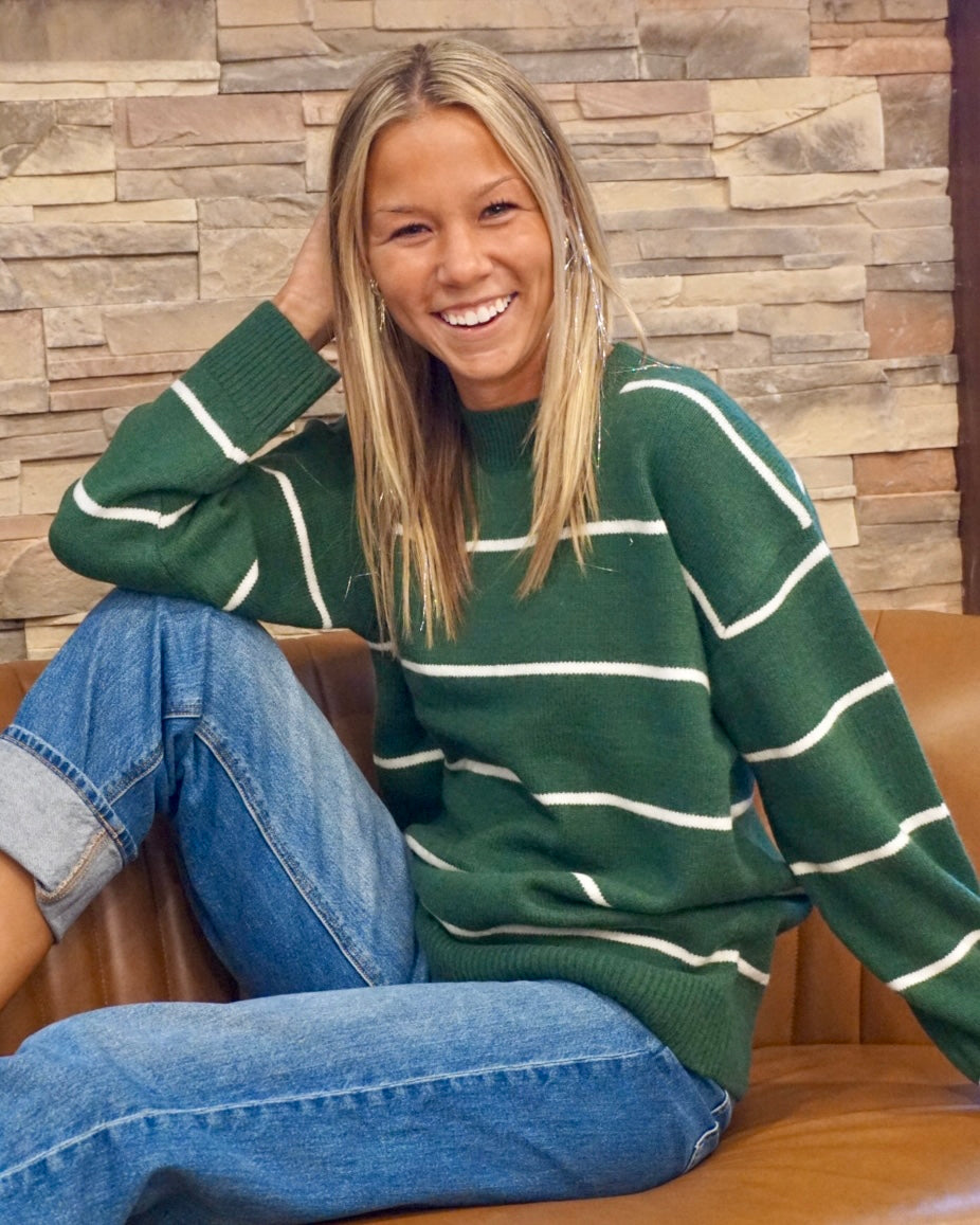 Round Neck Stripe Sweater - Dark Green