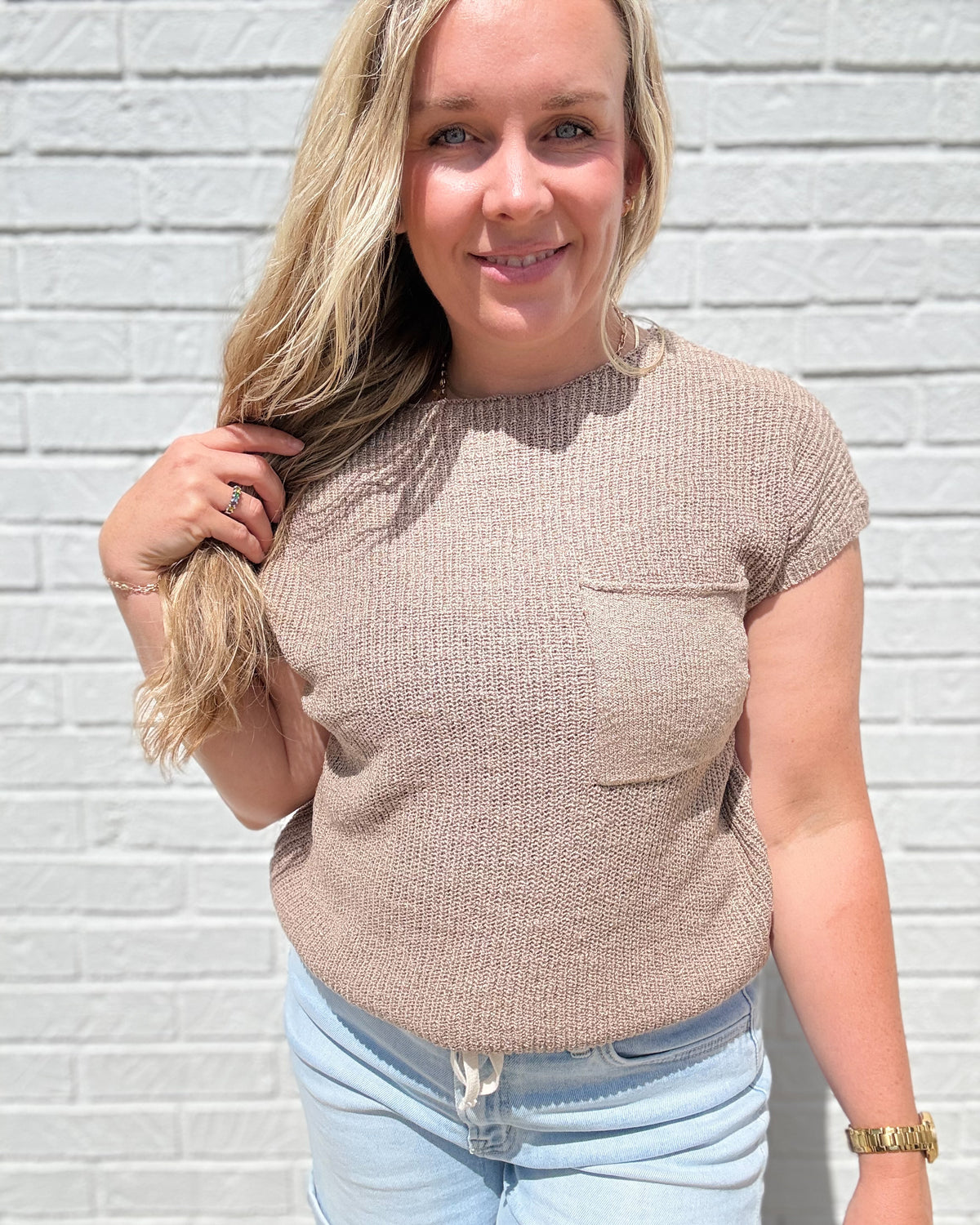 Taupe Patch Pocket Dolman Short Sleeve Top