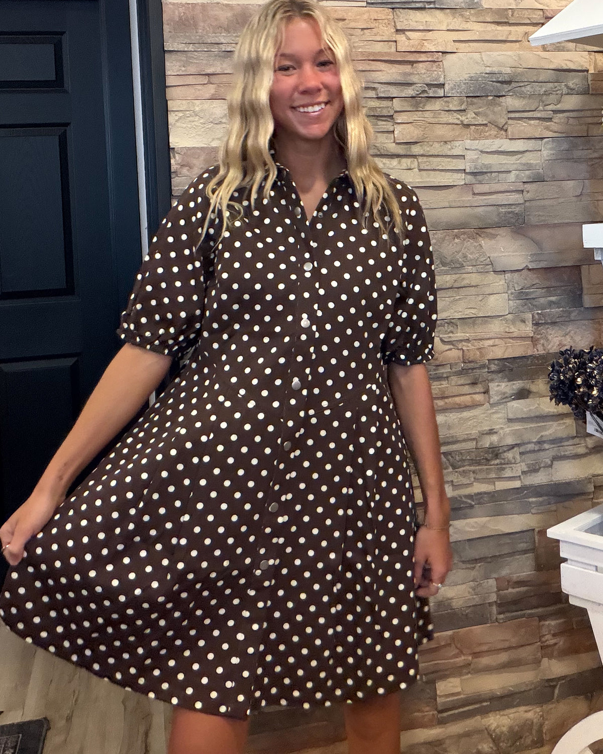 Polka Dot Brown/Ivory Twill Puff Sleeve Mini Dress