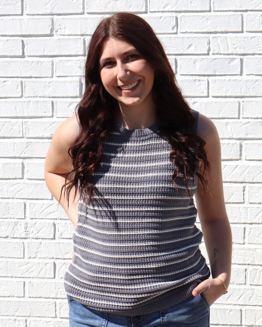 Chunky Knit, Striped Sweater Tank-Steel Blue